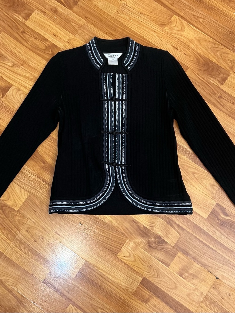 Misook Black Ribbed Knit Cardigan with Gray & White Trim
